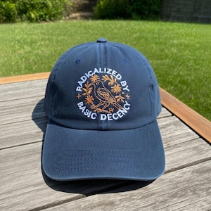 Radicalized By Basic Decency Hat, Embroidered Bird & Floral Navy Cap, Kindness Matters Gift, Gold Thread Bird Dad Hat, Retro Aesthetic Cap