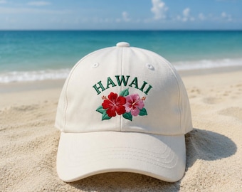Hawaii Hibiscus Flower Embroidered Hat,  Tropical Floral Embroidered Dad Hat, Summer Beach Cap, Aloha Vacation Gift for Her, Island Life Hat
