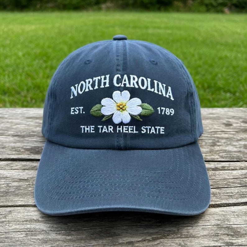 North Carolina Hat, Dogwood Flower Cap, State Flower Hat, Tar Heel State, NC Alumni Gift, Southern Style, Navy Dad Hat, Embroidered Flower, 1789 Est, NC Souvenir, Floral Baseball Cap, Botanical Gift, Women Accessories.