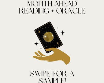 May include: An illustration with the text "Month Ahead Reading + Oracle" and "Swipe for a Sample!". A gold-colored hand holds a black card with a gold moon and star design. Four black stars are in the background.