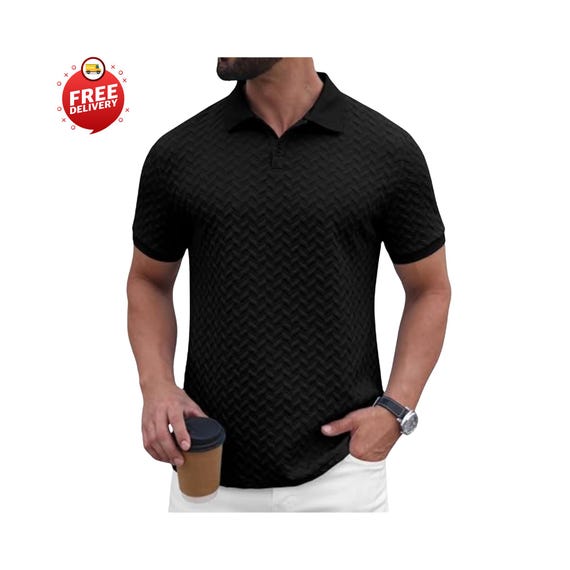 Mens Knit Shirt Short Sleeve Textured Casual Golf Polo Collared Summer T Shirt Fashion