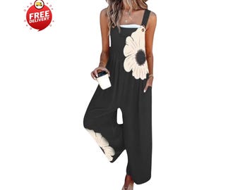 Floral Wide Leg Jumpsuit Women Sleeveless Summer Romper 2026 One Piece Outfit Pockets