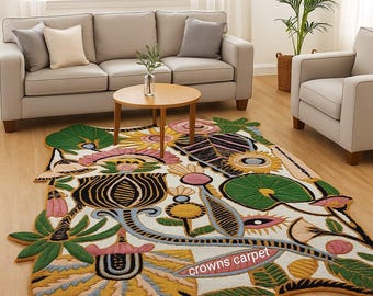 Wool Floral Area Rug, Unique Shape, Colorful Botanical Decor