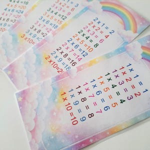 Op de afbeelding: Een stapel kleurrijke vermenigvuldigingskaarten met een regenboog- en wolkenontwerp. Elke kaart toont vermenigvuldigingsproblemen in verschillende kleuren. De kaarten zijn ontworpen voor educatieve doeleinden, met een focus op het leren van basis wiskundige feiten.