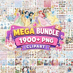 May include: A digital collection of over 1900 princess-themed PNG clipart images featuring various animated characters, castles, and icons. The central graphic displays the text MEGA BUNDLE 1900+ PNG CLIPART in a pink and purple banner.