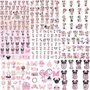 May include: A collection of digital illustrations featuring Minnie Mouse in various poses, baby-themed accessories, pink bows, and numbers zero through nine. The graphics include pastel pink color palettes, birthday motifs, and castle silhouettes.