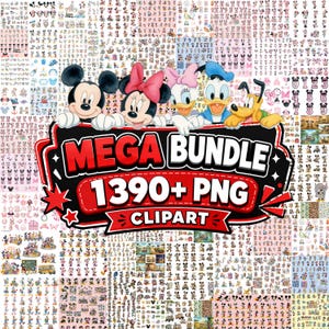 May include: A digital collection of 1390+ PNG clipart files featuring various cartoon characters including Mickey Mouse, Minnie Mouse, Daisy Duck, Donald Duck, and Pluto. The central graphic displays the text MEGA BUNDLE 1390+ PNG CLIPART.