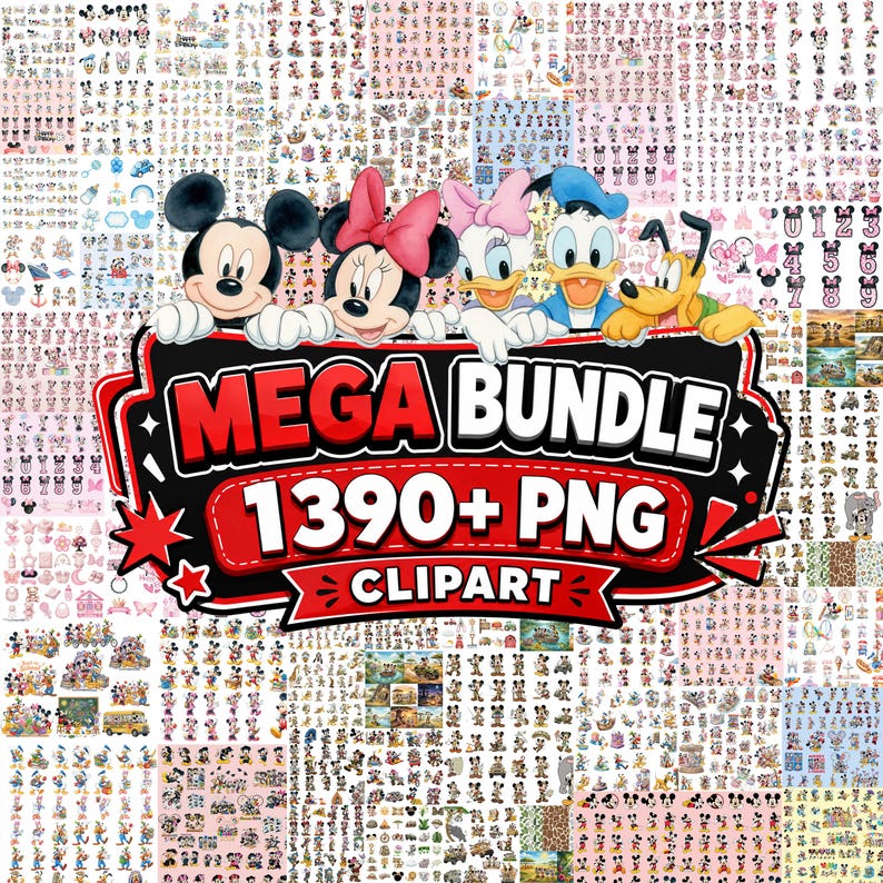 May include: A digital collection of 1390+ PNG clipart files featuring various cartoon characters including Mickey Mouse, Minnie Mouse, Daisy Duck, Donald Duck, and Pluto. The central graphic displays the text MEGA BUNDLE 1390+ PNG CLIPART.