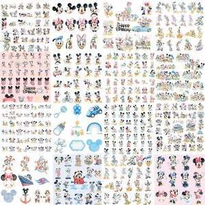 May include: A collection of Disney character nail art stickers featuring Mickey Mouse, Minnie Mouse, Donald Duck, Daisy Duck, Goofy, and Pluto in various poses. The sheet includes birthday themes, numbers, baby items, and nautical motifs in full color.