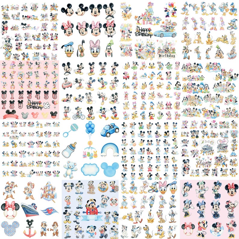 May include: A collection of Disney character nail art stickers featuring Mickey Mouse, Minnie Mouse, Donald Duck, Daisy Duck, Goofy, and Pluto in various poses. The sheet includes birthday themes, numbers, baby items, and nautical motifs in full color.