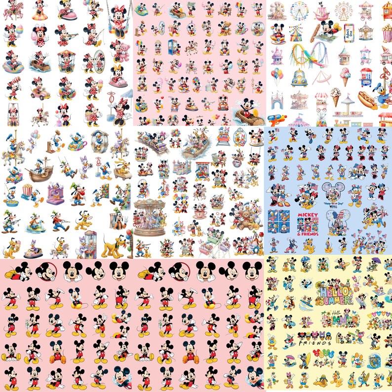 May include: A collection of stickers featuring Mickey Mouse, Minnie Mouse, Donald Duck, and Pluto in various poses, activities, and amusement park settings. The designs include colorful illustrations, summer themes, and text like Mickey & Friends.