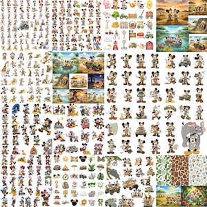 May include: A digital collection of Mickey Mouse and friends illustrations featuring safari and farm themes. The set includes various character poses, vehicles, animals, and landscape scenes with vibrant colors, suitable for crafting and design projects.