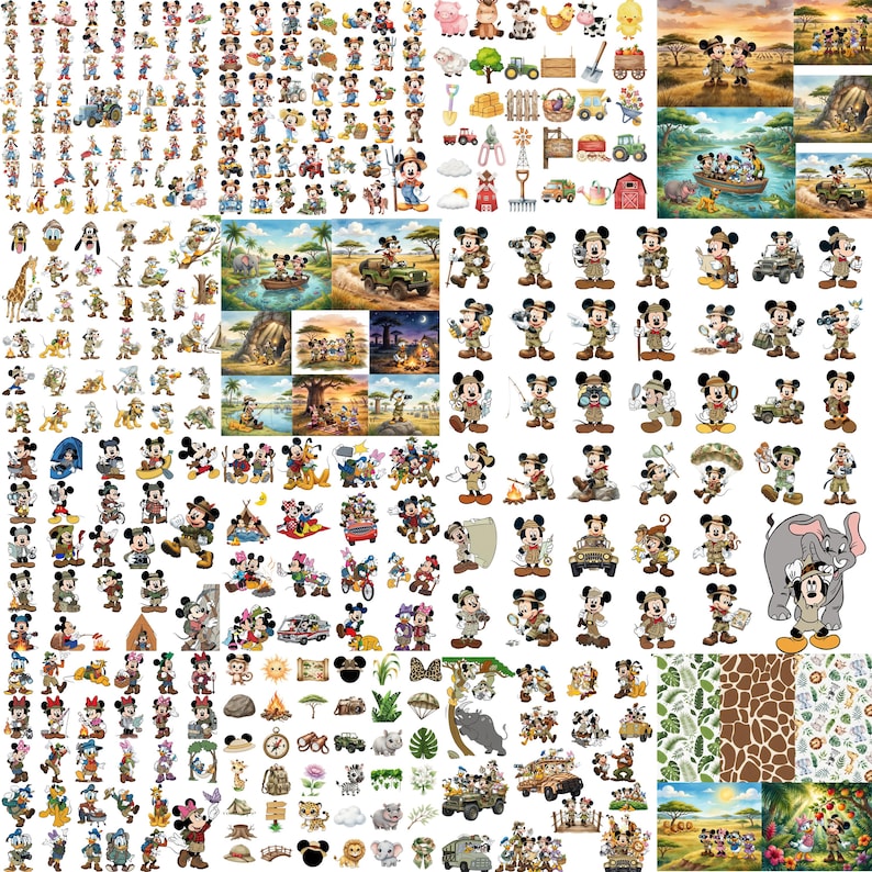 May include: A digital collection of Mickey Mouse and friends illustrations featuring safari and farm themes. The set includes various character poses, vehicles, animals, and landscape scenes with vibrant colors, suitable for crafting and design projects.