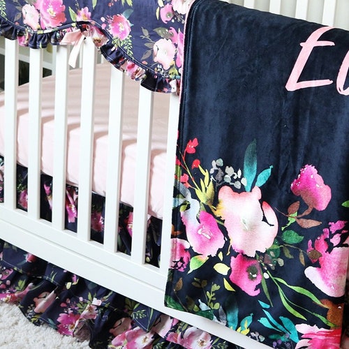 Navy Pink Floral Nursery Bedding Set Crib Sheet Baby Girl Etsy