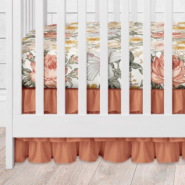 Crib Skirt, Rust Earthtone Baby Girl Crib Bedding, Nursery Decor, Standard and Mini Crib Flat and Ruffled Crib Skirt, Girl Baby Bedding