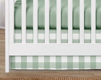 Sage Crib Skirt, Sage Plaid Nursery Crib Bedding, Baby Crib Skirt in Straight and Ruffled Style, Mini Crib and Standard Size