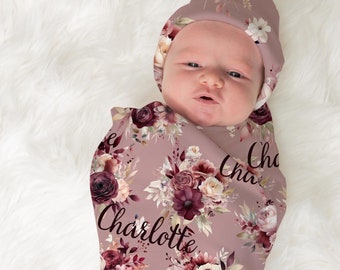Personalized Pink Floral Baby Swaddle Blanket