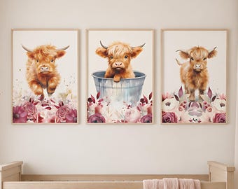 Highland Cow Nursery Art Prints: Pink Floral Farmhouse Decor (Set of Three)
