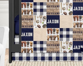 Crib Bedding Set Sports Themed, Personalized Baby Boy Nursery Bedding, Navy Blue Sport Theme Nursery Bedding Boy, Baseball Football Baby Boy