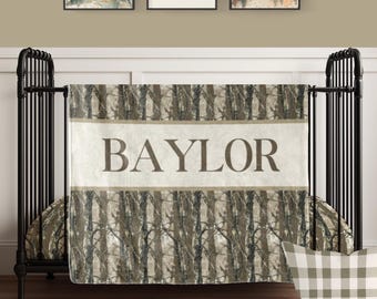Camo Blanket and Nursery Bedding, Woodland Camo Baby Blanket, Personalized Nursery Decor, Baby Boy Shower Gift