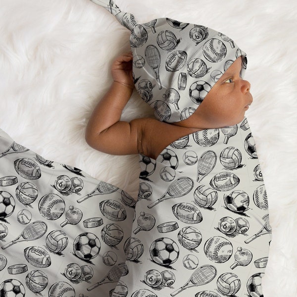 Sports Theme Swaddle Set Baby Boy, Soccer Basketball Swaddle Blanket, Beanie Knotted Hat, Headband, Minky Blanket, Baby Boy Shower Gift