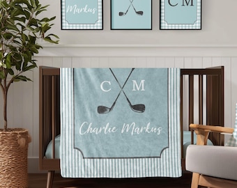 Golf Nursery Decor and Crib Bedding, Blue Personalized Golfing Baby Shower Gift