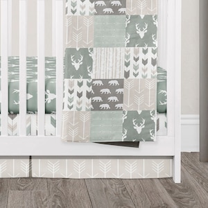 Woodland Nursery Gender Neutral, Sage Green Crib Bedding, Buck, Bear and Arrow Baby Crib Set