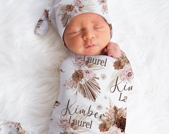 Personalized Baby Girl Swaddle Blanket Set: Boho Roses, Name Announcement