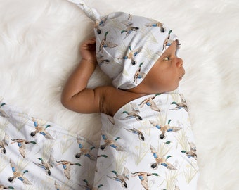 Duck Baby Swaddle Blanket, Mallard Duck Baby Swaddle Blanket, Newborn Baby Gift, Baby Boy Shower Gift, Newborn Swaddle, Hat, Headband