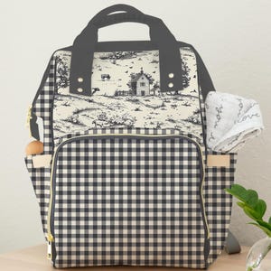 Farmhouse Toile Diaper Bag Backpack: Gingham Country Cottage Style