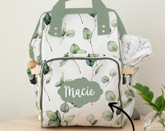 Personalized Diaper Bag, Greenery Gender Neutral Backpack Diaper Bag, Sage Green Personalized Baby Gift