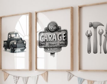 Vintage Truck Nursery Prints: Black & White Mechanic Art, Set of 3