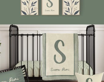 Gingham Nursery Crib Bedding Set – Sage Green Personalized Blanket & Fitted Sheet, Gender Neutral Nursery Decor