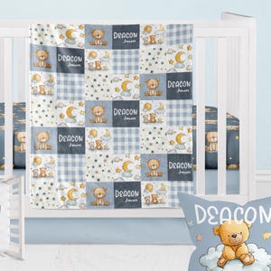 Blue Teddy Bear Crib Bedding Set: Moon & Stars Nursery Decor