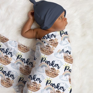 Noah&#39;s Ark Personalized Baby Swaddle Blanket: Watercolor Print