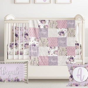 Floral Crib Bedding Set - Personalized Purple Baby Blanket, Sheet, and Nursery Decor