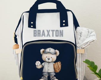 Personalized Baseball Diaper Bag, Custom Baby Boy Backpack, Sports Teddy Bear Design, New Mom Gift, Shower Present