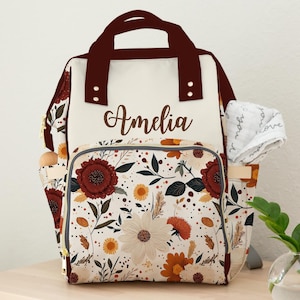 Baby Girl Diaper Bag Backpack, Red and Cream Floral Design, Personalized Earthy Florals Baby Bag, Custom Name Mom Bag