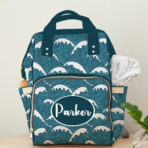Diaper Bag, Personalized Baby Backpack Diaper Bag Waves, Ocean Waves Baby Gift with Name