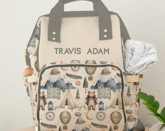 Woodland Diaper Bag Backpack, Personalized Baby Diaper Bag, Camping Bear Baby Gift