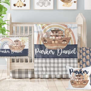 Personalized Noah&#39;s Ark Baby Boy Crib Bedding Set: Minky Blanket & Crib Sheet
