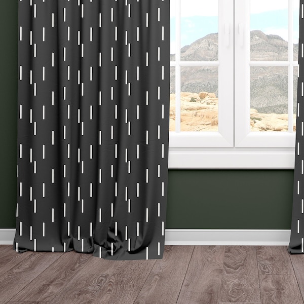 Curtains in Black with White Dashes, Baby Nursery Kids Bedroom, Modern Nursery Decor, Blackout or Sheer Curtain Panels