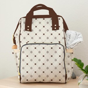 Neutral Brown Diaper Bag Backpack, Cream Pattern Baby Bag, Unisex Baby Shower Gift, Luxury Nursery Travel Tote