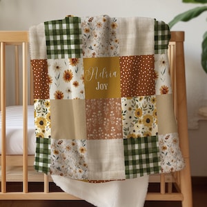 Girl Baby Blanket, Wildflower Boho Baby Bedding, Minky Cuddle Blanket, Toddler Faux Patchwork, Floral, Personalized Shower Gift