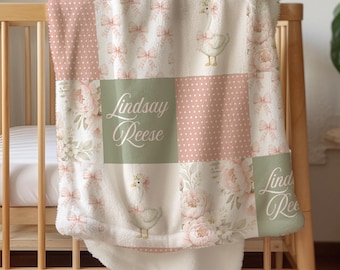 Personalized  Goose Blanket Cottagecore Newborn Name Blanket Nursery Decor Baby Girl Gift