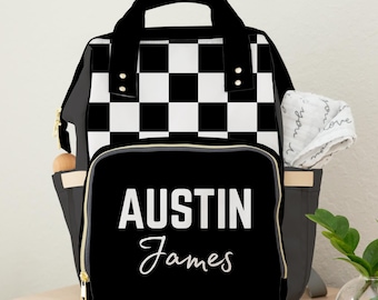 Custom Checkered Diaper Bag, Baby Boy Personalized Backpack