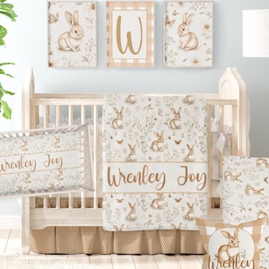 Baby Crib Bedding Set, Girl Nursery Bedding Set, Bunny Rabbit Custom Baby Bedding, Personalized Baby Girl,  Bunny Nursery Bedding Set