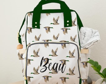 Diaper Bag Backpack Mallard Duck, Personalized Baby Diaper Bag, Neutral Duck Theme Backpack Diaper Bag, Baby Name Diaper Bag, Shower Gift
