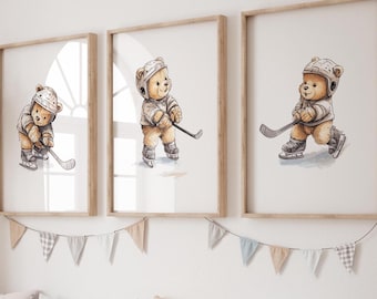 Hockey Teddy Bear Nursery Art Prints: Set of Three, Unframed