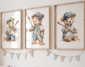 Baseball Nursery Teddy Bear Art Prints